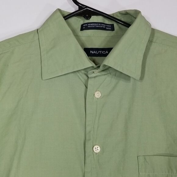 Nautica Shirt Men's 17 34/35 Button Up Regular Long Sleeve Olive Green Office - Picture 2 of 8
